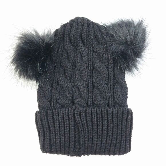 Women's Black Cable Knit Double Pom Pom Beanie Winter Hat Fleece Lined Cat Ears - Picture 2 of 7